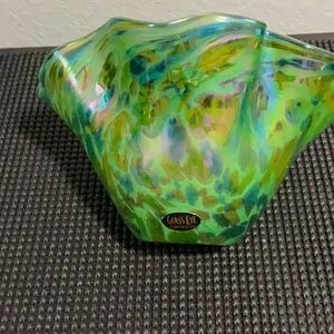 Glass Eye green glass bowl. Made in USA